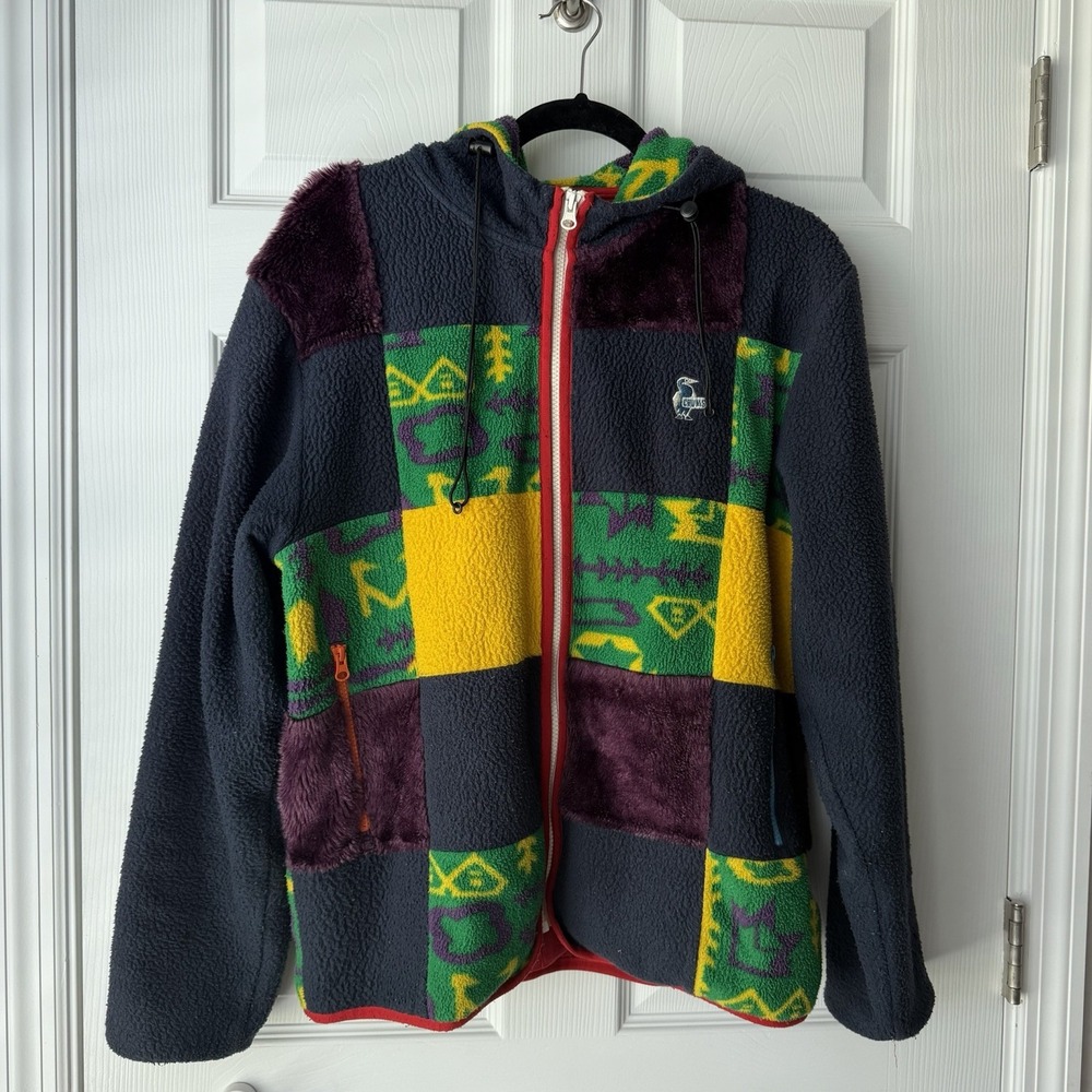 Vintage CHUMS Fleece Jacket XL Patchwork Hooded Aztec Colorblock 90s Outdoor